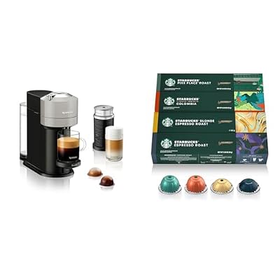 Nespresso Vertuo Next Coffee and Espresso Maker by Breville, with Aeroccino Milk Frother, Light Grey + Starbucks Capsules