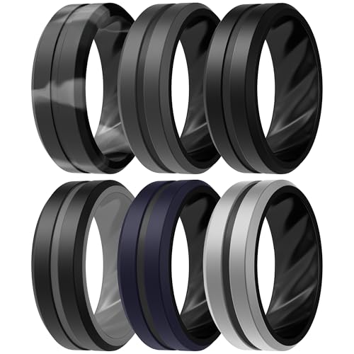 ThunderFit Silicone Rings Wedding Bands for Men, Beveled Edge with Midline, 8.2mm Wide, 2.7mm Thick, Breathable Rubber Engagement Bands for Men, Variety Multipack 1/3/6 by ThunderFit - Used condition - US$10.59