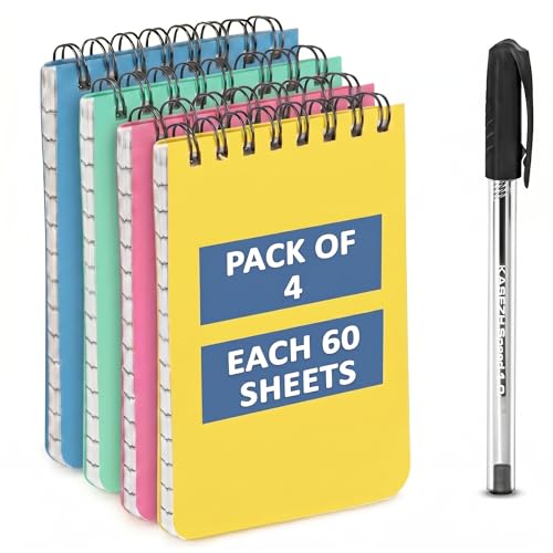 KASEZH 4 Pack 3x5 Pocket Spiral Notepads 60 Sheets (120 Pages) with 1 Black Ballpoint Pen 70 GSM Mini Wirebound Pocket Memo Pad in Assorted Colors & Black pens for Office & Journaling