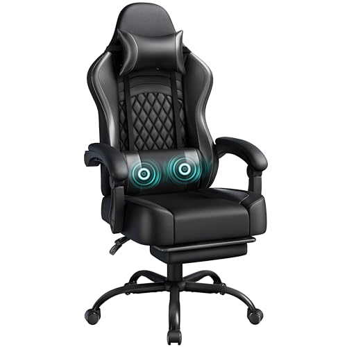 Yaheetech Silla Gaming con Respaldo Alto Almohada Lumbar de Masaje Silla de Escritorio Ergonómica Ajustable en Altura con Reposacabezas Extraíble Reposapiés Función de Inclinación Negro