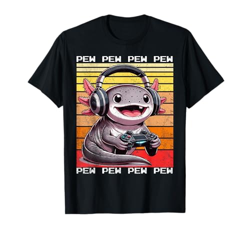 Axolotl Gamer Pew Divertidos Videojuegos Vintage Niños Hombres Niñas Camiseta