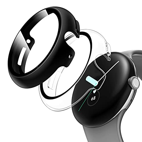 Tauri 2 Pack Hard Case Compatible For Pixel Watch With 9H Tempered Glass Screen Protector, [Touch Sensitive] [Full Coverage] Slim Bumper Protective Cover For Pixel Watch- 1 Black 1 Clear #TOP12
