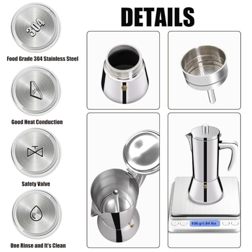 DITOSH 6 Cup Thickened 304 Stainless Steel Moka Pot Stovetop Espresso Maker Cafeteras Italian Percolator Espress Makers Capable Greca Mocha Coffee Machine for Induction Home and Camping 300ml 10oz by DITOSH - Image 7