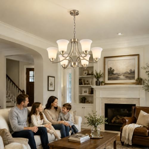 Image of 6 Lights Brushed Bronze Dining Room Light Fixture Farmhouse Modern Chandelier Pendant Light Champagne Bronze Adjustable Ceiling Hanging Lighting with Frosted Glass for Kitchen Island Living Room Foyer