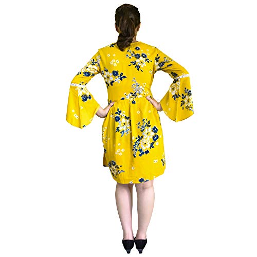 Image of Floral Summer Print Trumpet Sleeve A line High Waist Dress with Lace