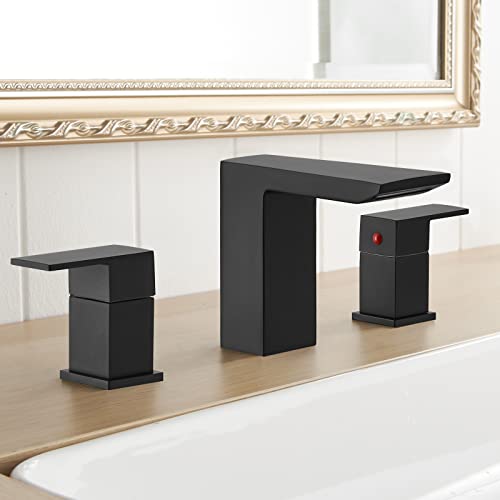 BESy Matte Black Bathroom Faucet 3 Holes Two Handles Lavatory Vanity Sink Faucet Widespread 8 Inch Bathroom Sink Faucet, Waterfall Bathroom Sink Faucet With Supply Hoses, Basin Brass Faucet Mixer Taps