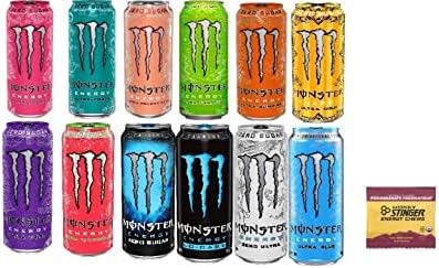 Monster Energy Drink Variety -Low Calorie Pack - 16 ounce (Pack of 12) + Stinger Energy Chews