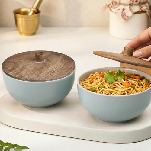 Image of The Earth Store Grey Mellow Ceramic Bowl Set of 2 - 450ML Each with Nob Wooden Lid | Mixing Bowls for Snacks, Rice, Dal, Fruits, Salad Microwave Safe Bowl with Lid Perfect Gifting & Daily Use