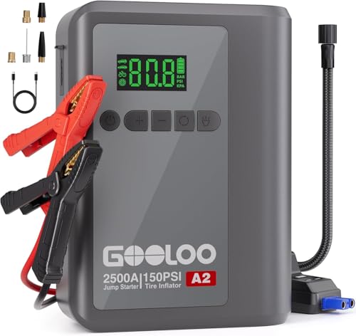GOOLOO A2 8 en 1 Aide au démarrage avec compresseur d'air, démarreur de Voiture 2500 A (Essence 8 L / 6 L Diesel), gonfleur de Bande d'arrêt Automatique sans Fil 150 psi, Batterie de démarrage au