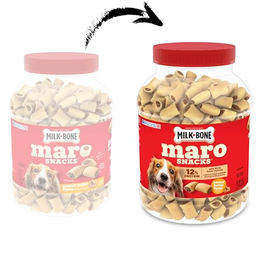 Image of Milk-Bone MaroSnacks Peanut Butter Flavor Dog Treats, 40 oz Canister | Made with real bone marrow, crunchy outside & meaty flavor inside, 9.5 calories each, training treats, artificially flavored