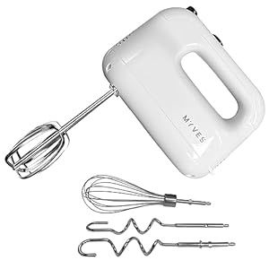 MYVES Hand Mixer Boasts a Powerful motor, 5 Speeds, Durable Stainless Steel Design, Fashion White Color and User-Friendliness, 5 Attachments, Ideal For both Chefs and Beginners