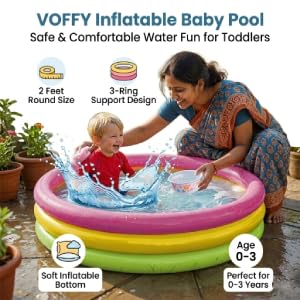Image of Baby Swimming Pool 2 Feet 3-Ring Round Kiddie Pool for Toddlers 0-3 Years, Soft Inflatable Bottom Bath Tub, Portable PVC Water Pool for Indoor Home, Balcony, Garden & Outdoor Summer Play