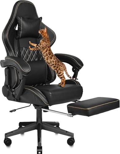 Sedia Gioco Grande, Resistente ai Graffi dei Gatti, Ergonomica Sedia Ufficio con Poggiapiedi e Poggiatesta Rimovibile, Supporto Lombare Altezza Regolabile, Sedie Scrivania Fino a 180 KG - Sedia gaming