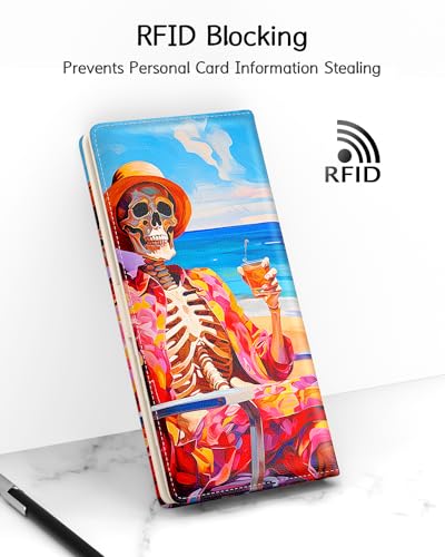 Image of Nipichsha Womens Wallet, RFID Slim Wallets for Women, Thin Ladies Credit Card Holder Purse, Cute Leather Bifold Clutch Billfold with 11 Card Slots & ID Window, Beach Skull