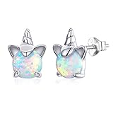 Hypoallergenic Opal Unicorn Stud Earrings for Women Girls, VOROCO 925 Sterling Silver 14K White Gold plated Tiny Ear Studs Birthday Gift for Her(Silver Unicorn)