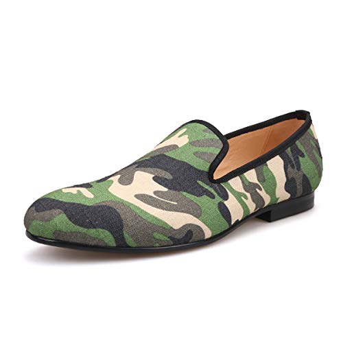 HI&HANN British Style Classic Camouflage Men Smoking Slippers Handmade Men Mix Color Canvas Loafers Men Casual and Prom Flats
