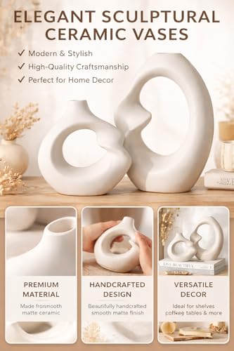 Image of SPHINX Ceramic Vase - Asymmetric Donut Vase Set Hollow Design (8.5 and 6 Inch) | Modern Decorative Flower Pot for Pampas Grass, Dried Flowers, Home, Living Room & Office Decor
