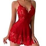 Famstar Lingerie for Women Babydoll Chemise Sexy Lingerie Sets Nightgown Lace Dress Sleepwear Teddy Outfits for Women Red
