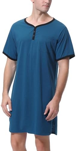 Sykooria Men's Nightshirt, Lightweight Cotton Short Sleeve Nightwear Henley Shirt Button Down Sleepwear, Knee Length, One Size, Multicolor