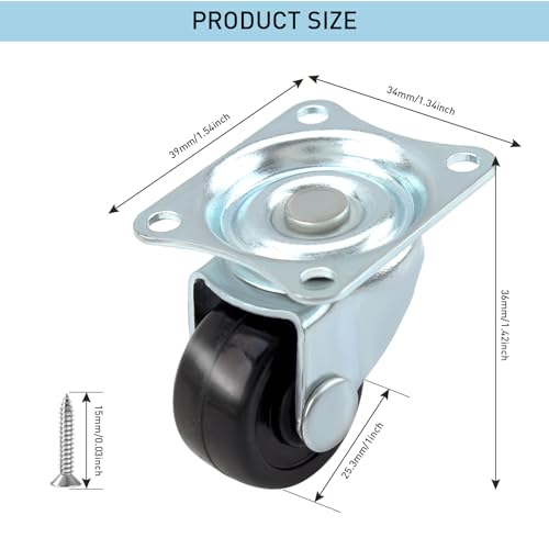 HOWDIA 1-inch Dia Swivel Single Wheel Rubber Caster Wheels for Furniture, Small Casters Trolley Wheels with Base Ball Bearing, Conveyor Rollers 8 Pack
