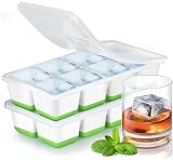 Cubiteras para Hielo Grande, JRISBO 2 Piezas Cubitera Silicona con Tapa para Cubitos de Hielo, Cubitera Silicona sin BPA Apilables Moldes de Hielo Ice Cube Tray para Cóctel Whisky (Verde)