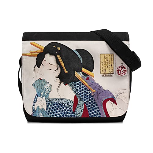 Bolso de mensajero japonés Ukiyo-e - Geisha Maiko Tattoo Woodblock Art Impreso Hombro Satchel, Black Cover