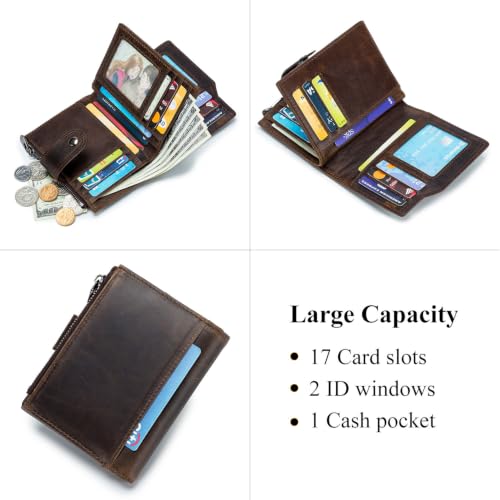 Image of Large Capacity Wallets for Men RFID Blocking Men Wallet Leather with Coin Pocket, 17 Card Slots, Flap ID Window, Coffee