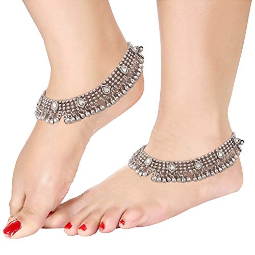 I Jewels 18K Rhodium Plated Indian Wedding Bollywood Set Of 2 Anklet Payal Charm Ankle Bracelet Ethnic Fashion Barefoot Jewelry For Women (A021S) #TOP1