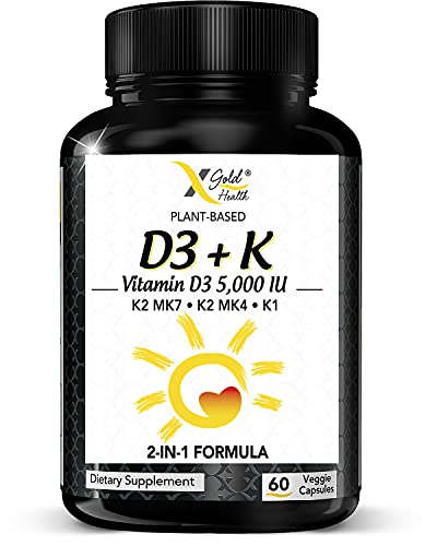 Vitamin D3 5000 IU- Plant Based from Lichen + Vitamin K2 MK7, K2 MK4 and K1, All 3 Types of Vitamin K - Vitamin D3 + K Complex Supplement - Natural Vitamin D + K to Immune Support, Heart & Bone Health
