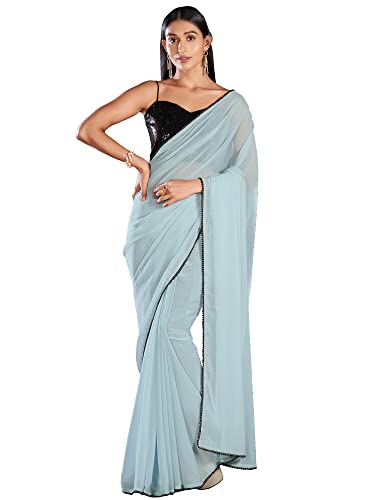 Image of AKHILAM Women's Black Embellished Georgette Saree With Unstitched Blouse Piece