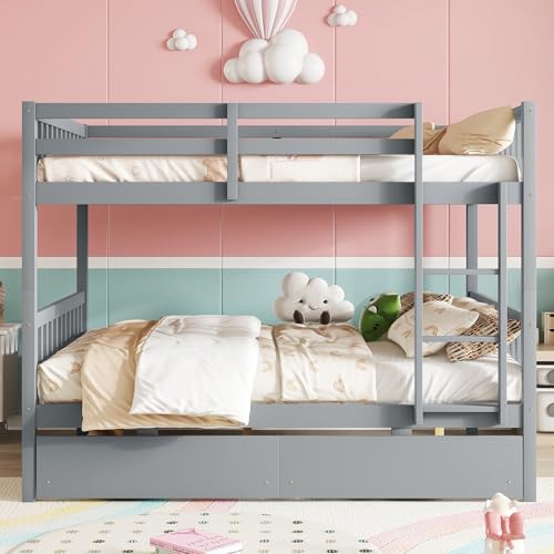 CZBZ Full Over Full Bunk Bed with Storage Drawers and Safety Guardrails, Rubber Wood Bunk Bed Frame for Kids Teens Adults, Bedroom Guest Room Dorm Space Saving Furniture