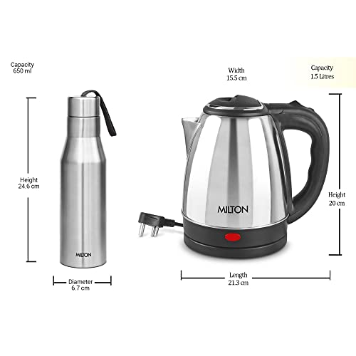 Image of Milton Go Electro Stainless Steel Electric Kettle 1500 + Super 750 Thermosteel Bottle, Super Fast Boiling with 3X Protection Kettle-Overheat, Dry Boil Protection, Leak Proof, Vacuum Insulated, Silver