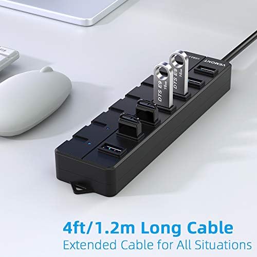 Powered USB Hub,VEMONT 7 ports SuperSpeed USB 3.0 Hub with Power Supply,USB Splitter Powered with Individual on/off LED Switches and 3.9ft/1.2m Long Cable for PC/Laptops /Ultrabooks/Desktops