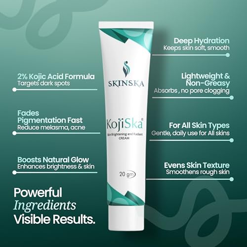 Image of SKINSKA NATURALS Kojiska Skin Brightening and Radiant Cream 20g with 2% Kojic Acid, Arbutin & Glutathione - Reduce Pigmentation, Scars, Melasma, Wrinkles & Dark Spots, Face Cream for Men and Women
