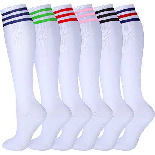 Unittype 6 Pair Knee High Socks, Thigh High Triple Stripe Long Tube Roller Skate Skating Socks Leg Warmer Stocking for Daily Wear, Cosplay, Sports Meet, Holiday Gifts