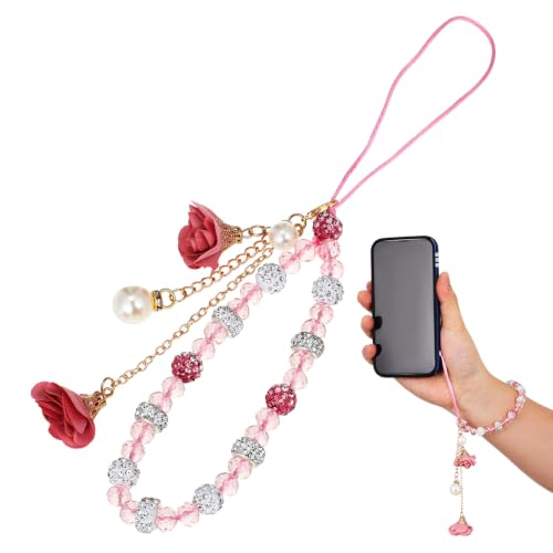 jojofuny Beaded Phone Wrist Strap with Crystal Beads and Flower Phone Charm
