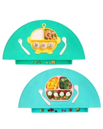 Image of DGitaor Silicone Suction Placemat for Toddlers, Non-Slip Kids Placemats for Dining Table, Baby Placemat with Food Cathing Pockets & Non-Slip Suction, Dishwasher Safe, Small & Large, (Aqua & Wathet)