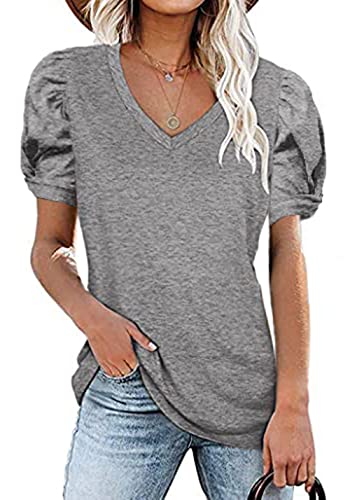 T-shirt d'été pour femme gris XL Saodimallsu à manches courtes et col en V décontracté