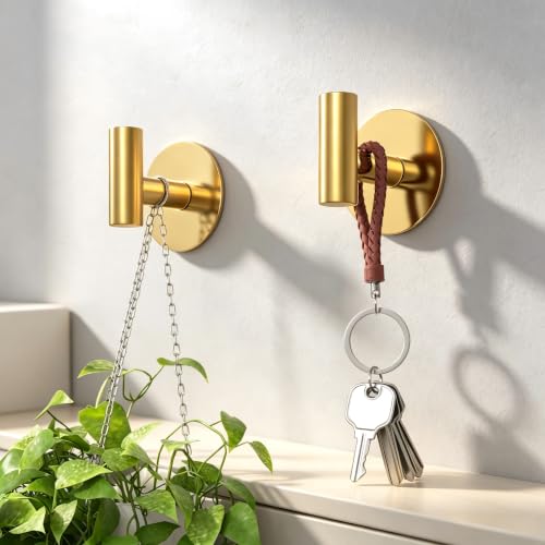 Image of Gold Stainless Steel Wall Hooks, Heavy Duty Self-Adhesive Hooks for Coats, Towels, Robes, Hats, Aprons - No Drill Bathroom, Kitchen, Hotel (2 Pack)