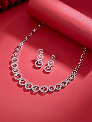 Image of Yellow Chimes Jewellery Set for Women and Girls American Diamond Jewellery Set | Rosegold Rhodium Plated AD Necklace Set for Women | Birthday Gift for Girls & Women