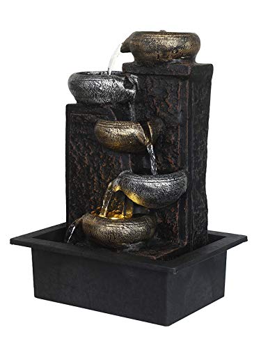 Image of Polyresin Designer Up to Down 5 Diya Steps Table Top Indoor Water Fountain for Home Decor with Speed Controller Pump & Yellow LED (Size: 40 x 29.5 x 22 CM | Weight: 1865 Gram)
