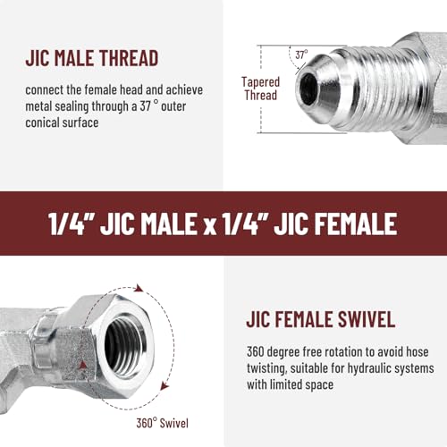 Image of 90 Elbow Hydraulic Fitting: 1 /4 inch JIC Male x 1 /4 inch JIC Female | 5 Pack Carbon Steel Hydraulic Hose Swivel Crimp Adapters with Protective Cover for Hydraulic Assembly System - 6500-04-04