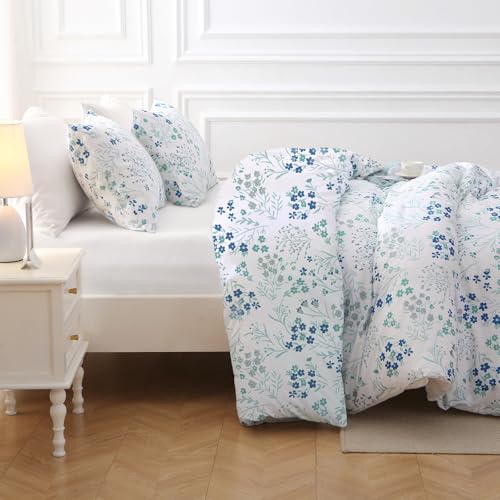 Image of MUXHOMO Blue Flower Full Comforter Set, Elegant Floral Print Bed in a Bag 7 Pieces, Ultra Soft & Breathable Reversible Botanical Pattern Bedding Set with Comforter, Sheets, Pillowcases, and Shams