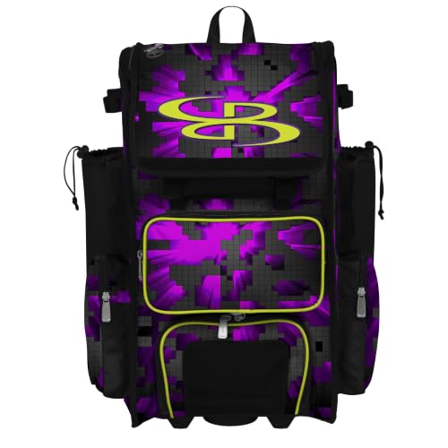 Boombah Rolling Superpack Baseball/Softball Gear Bag - Telescopic Handle - Holds 4 Bats - Wheeled Version - Dark Mode Elite Violet/Twitch/Black