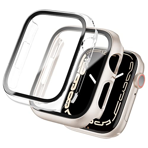 BHARVEST 2 Pack Hard PC Case Compatible with Apple Watch SE 2022/Series 6/5/4/SE 44mm, Case with Tempered Glass Screen Protector Overall Bubble-Free Cover for iWatch Accessories, Starlight+Clear