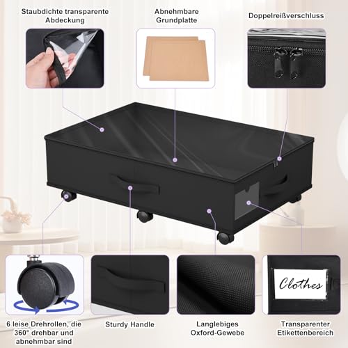 Babenest Unterbettkommode mit 6 Rollen, 2 Stück Faltbare Unterbett Aufbewahrungsbox mit Klarer Deckel Reißverschluss, Under Couch Bettkasten Schuhe, Kleidung, Spielzeug Storage Boxs (Schwarz)