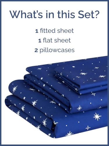 Image of Kids Full Size Starry Bed Sheets - 4 Piece Kids Starry Sheet Set - Celestial Night Bedding - Ultra-Soft, Cute & Cozy - Breathable & Machine Washable - Navy Bed Set for Boys, Girls, Teens & Toddlers