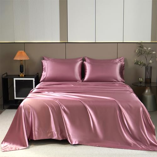AiMay 6 Piece Satin Sheet Set Queen Deep Pocket 1800 Series Luxury Rich Silk Silky Super Soft Solid Color 4 Pillowcases Sexy Honeymoon Wrinkle Free (Queen, Soft Purple)