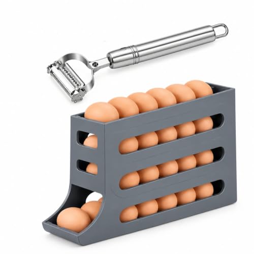 Image of Egg Holder and tray for Fridge - 4 Tiers 30 Egg Dispenser Large Capacity Automatic Rolling Egg Container Refrigerator Organizer for Kitchen (Grey) free vegetable peeler