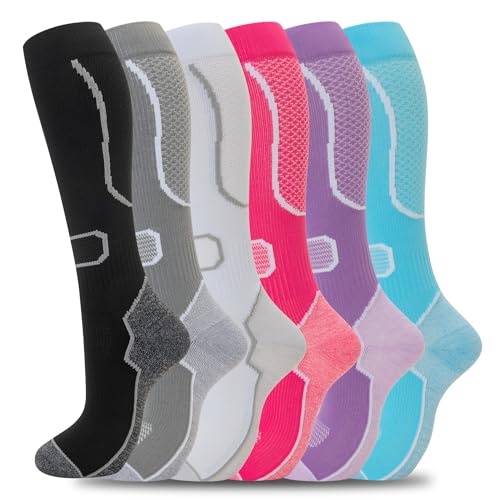fenglaoda 6 Pairs Compression Socks for Women & Men Knee High Cute Circulation Socks for Nurse Pregnant Travel Athletic